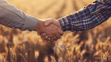 Two farmers shake hands in front of a wheat field, Generative AI.