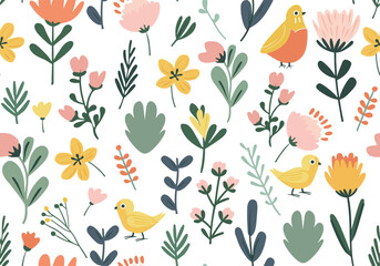 Seamless vector pattern with hand drawn chicken and flower - obrazy, fototapety, plakaty