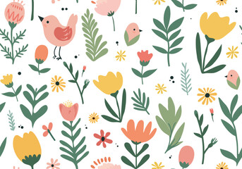 Seamless vector pattern with hand drawn chicken and flower - 769149161