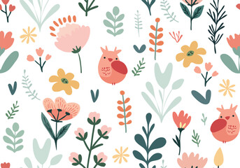 Seamless vector pattern with hand drawn chicken and flower