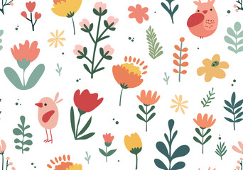 Seamless vector pattern with hand drawn chicken and flower - 769149165