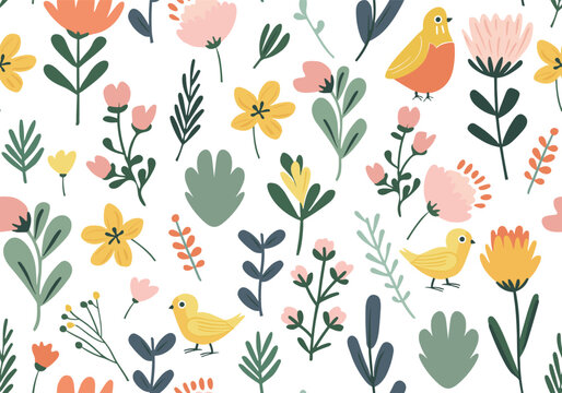 Seamless vector pattern with hand drawn chicken and flower