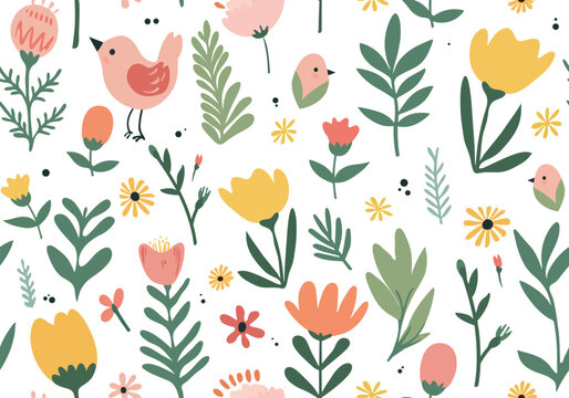 Seamless vector pattern with hand drawn chicken and flower