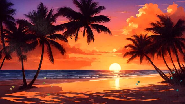 Beautiful beach view at sunset with palm trees The sky is orange in color. Seamless looping 4k time-lapse video animation background