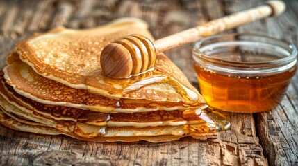 a stack of pancakes sitting on top of a wooden table next to a jar of honey and a wooden spoon. - obrazy, fototapety, plakaty