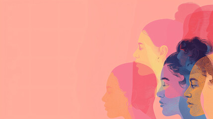 Women's day celebration banner, 8 march, multiple women faces graphic illustration, horizontal copy space on pastel pink background , Generative AI.
