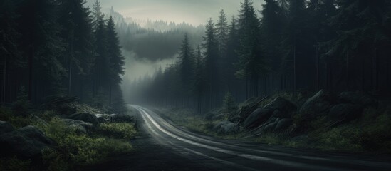 An eerie atmosphere surrounds a road cutting through a dense, fogfilled forest on a gloomy day, with leafless trees looming over the asphalt surface - obrazy, fototapety, plakaty