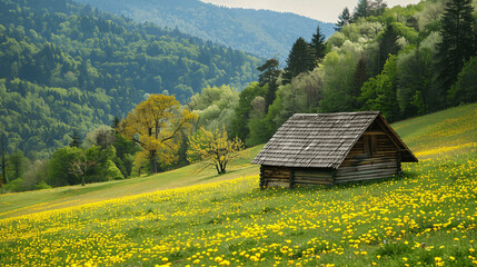 Fototapeta premium Wooden remote house in a beautiful landscape full of yellow flowers, Generative AI.