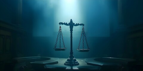Scales of Justice in a dimly lit courtroom with copy space symbolizing law and justice. Concept Law Concepts, Justice System, Legal Symbols, Courtroom Photography, Dim Lighting - obrazy, fototapety, plakaty