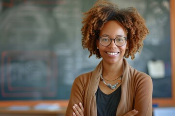 A teacher with curly hair and a casual cardigan smiles engagingly in a classroom, fitting for a relaxed Teacher's Day message.
