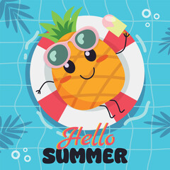 summer pineapple banner in the pool. vacation, lifeline, ice cream, hot mood advertising design, brochures, poster