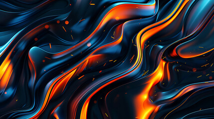 Dark widescreen beautiful background with 3D wavy dark blue and orange abstraction. Generative Ai