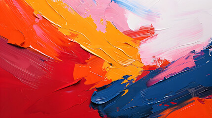 Abstract bold primary color heavy acrylic paint shapes and brushstrokes texture pattern background. Dynamic composition, red, orange, modern art painting wallpaper backdrop