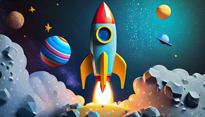 3d claymation scene of a toy rocket ship taking off in space - obrazy, fototapety, plakaty