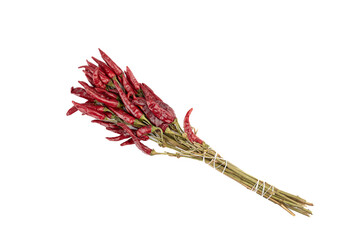 A bouquet of dried red hot pepper sprigs with pods.