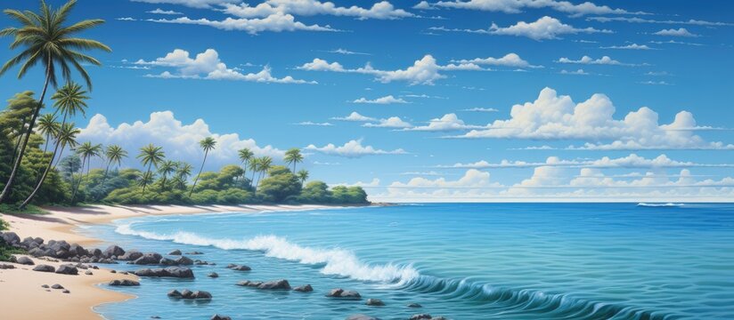 Scenic artwork depicting a picturesque tropical beach adorned with lush palm trees and scattered rocks under a clear blue sky