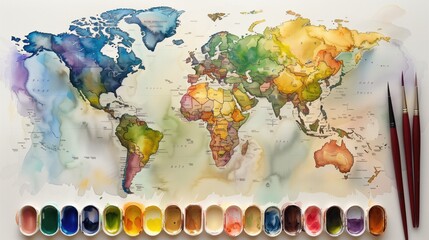 Watercolor palette with paintbrushes and world map on white background