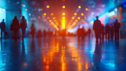 Obraz premium Dynamic expo backdrop with blurred figures in a convention hall. Ideal for international exhibitions, conferences, or corporate events.,generative ai