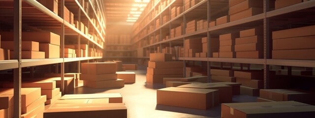 Vast warehouse storing cardboard boxes, preparing for shipment. Highlights the essence of storage and logistics. Created by AI.