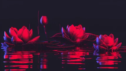 Foto op Canvas a group of water lilies floating on top of a body of water with red and blue reflections on the water. © Liel