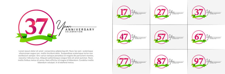 Set of Anniversary Logotype purple color with ring and green ribbon can be use for special day celebration