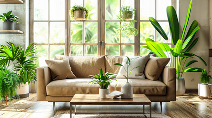 Scandinavian Living Room with Modern Sofa, White Walls, and Green Plants, Stylish and Comfortable Interior
