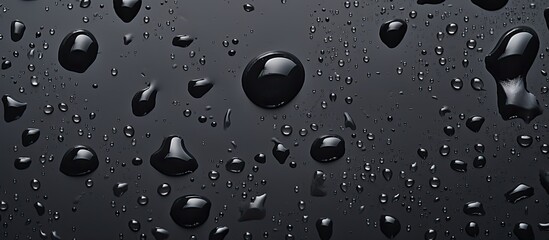 Macro shot of numerous water droplets scattered over a black surface, creating a visually striking pattern