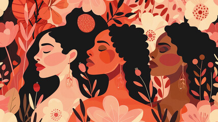 group of women with floral motifs. The concept of spring, female beauty, mental heals. Diversity and Harmony, empowering, vibrant colors, Feminism, Feminity