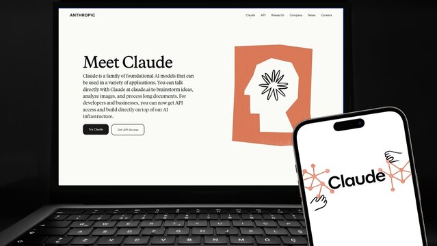 Istanbul, Turkey - 27 March 2024: Claude logo on smartphone screen with its website in background. Claude is a next generation AI assistant, trained to be safe, accurate, and secure.