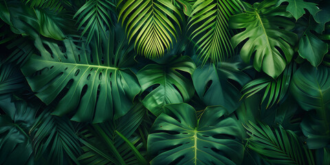 Closeup view of green tropical leaves  - obrazy, fototapety, plakaty