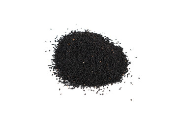 A bunch of black sesame seeds isolated on a white background.