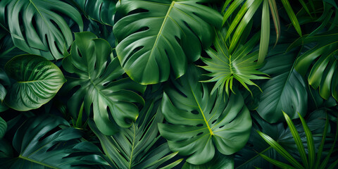Closeup view of green tropical leaves  - obrazy, fototapety, plakaty