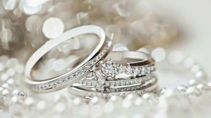 Bridal wedding rings, gold rings blurred white background