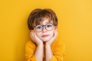 A young boy wearing glasses is looking at the camera with a serious expression