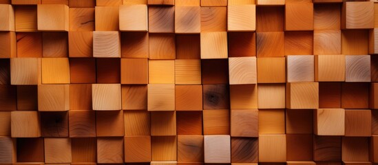 A closeup of a wall constructed with rectangular brown wooden cubes, showcasing a beautiful amber, orange, and yellow wood stain. The unique furniture piece adds warmth to the flooring