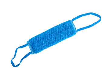 Blue washcloth made of polypropylene threads with handles for washing your back.
