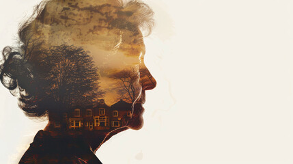 close up of silhouette of old woman head with an overlay of chidren style drawings of - Family, cars, houses, dog, names --ar 16:9 Job ID: 2fec0d22-6bec-41c6-a592-2cf1bf87c37e