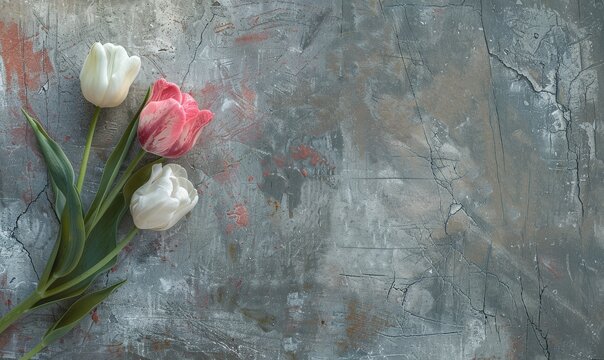 two pink and white tulips in a vase on a gray and gray background with paint splatters.