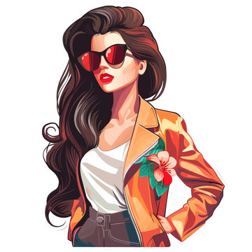 A woman with long hair and sunglasses is wearing a shirt and jacket