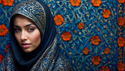 The contrast of the deep blue background with the robe of the Muslim woman creates a striking image and captures the beauty and diversity of Islamic culture.