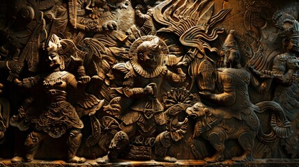 An ancient wall carving texture, depicting the epic tales of heroes and villains from the First, with intricate details and shadowed reliefs created with Generative AI Technology