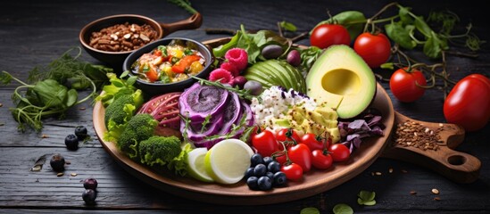 A wooden plate filled with a variety of fresh vegetables and fruits, showcasing a colorful array of...