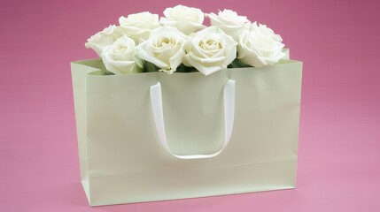 a white bag with a bunch of white roses in it sitting on a pink surface with a pink back ground.