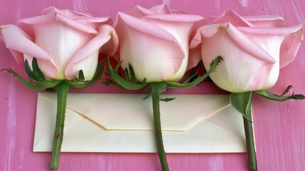 a group of three pink roses sitting on top of a pink table next to an envelope with a letter in it.