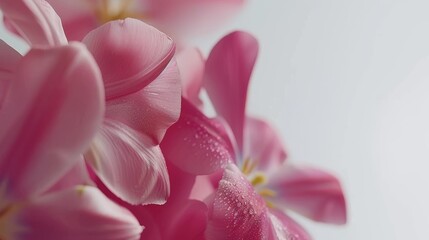a close up of pink flowers with drops of water on the petals and the petals of the flowers in the foreground.
