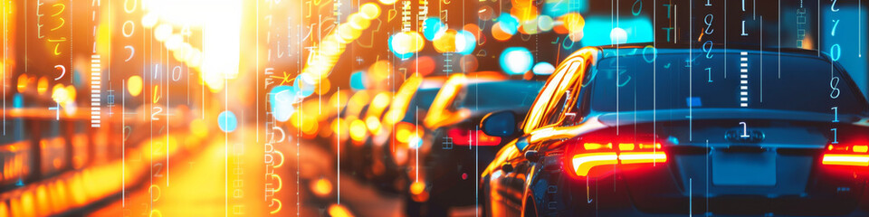 Banner, Cars in rows sunset, overlay of graph and numbers: urban rush-hour, congestion, car fumes