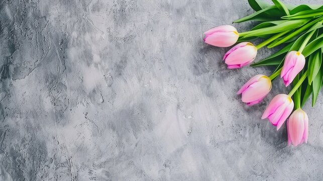 a bunch of pink tulips sitting on top of a gray table top next to a bunch of green leaves.