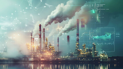 Industrial chemical chimneys, smoke, emissions, overlay, pollution, data graphs: greenhouse, warming, global, rising temperatures