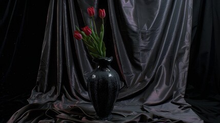 Naklejka premium a black vase with red tulips in it sitting on a black cloth covered table with a curtain behind it.