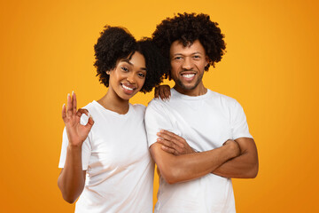 Beautiful millennial african american couple embracing and gesturing